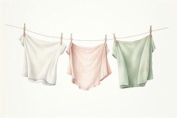 Gentle Watercolour painting of pastel color Laundry drying on a clothesline on white background