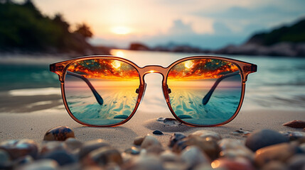 sunglasses on the beach - obrazy, fototapety, plakaty