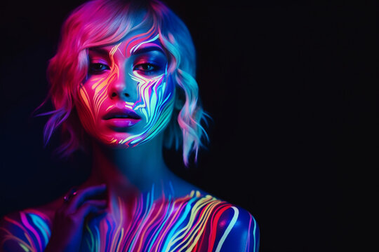 Beauty Close Up Photo, Young Female Poses with Confidence, Neon Paint Accentuating Her Facial Features Against an Low Key Studio Setting, Creating an Artistic Appearance