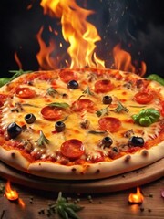 Hot pizza with melted cheese, fire and flying vegetables.