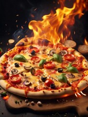 Hot pizza with melted cheese, fire and flying vegetables.