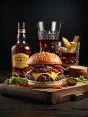 a delicious triple meat burger with bacon and yellow cheese, accompanied with a glass of whiskey on the rocks