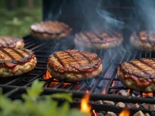 Cooking meat patties for burgers on a flame grill with smoke close-up. The concept of a picnic with a barbecue on a fire in the nature in the forest.