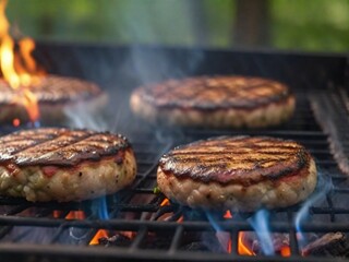 Cooking meat patties for burgers on a flame grill with smoke close-up. The concept of a picnic with a barbecue on a fire in the nature in the forest.