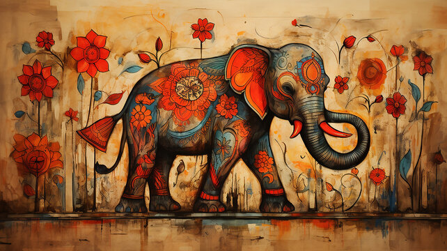 Traditional madhubani style painting of an elephant on a textured background.