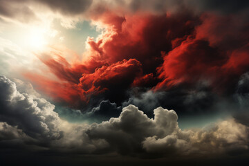 A dark dramatic sky with large cumulus clouds painted in red, black and white colors similar to a flag. On the side of the frame is the light effect from the emerging sun.