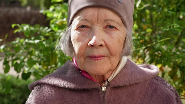 Close-up of the face of an old wrinkled woman in a hat in the park on a bench, she looks into the camera. An elderly grandmother with gray hair. Stable image.