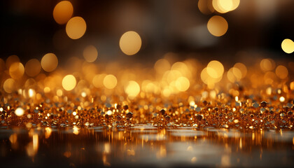 Magical spheres with golden glitter on a reflective surface with bokeh lights.