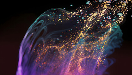 abstract flowing fluid colorful light particles on black background with copy space in concept technology, science, space, universe.