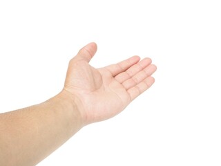 Male hands open and stretched forward on white background business concept.	