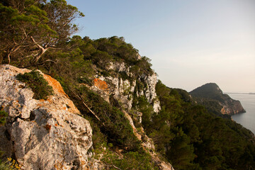 Views of the sea and Ses Margalides of ​​Ibiza from the cliffs in the north of the island in Santa Agnes de Corona