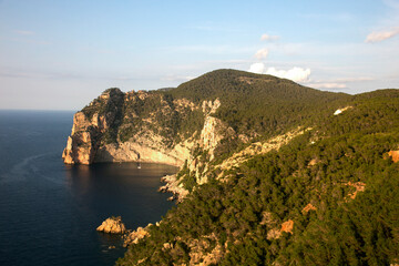 Views of the sea and Ses Margalides of ​​Ibiza from the cliffs in the north of the island in Santa Agnes de Corona