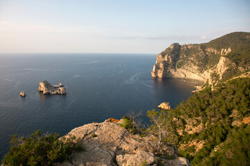 Views of the sea and Ses Margalides of ​​Ibiza from the cliffs in the north of the island in Santa Agnes de Corona
