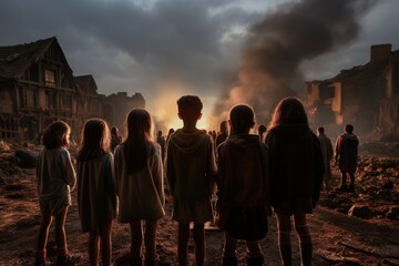 Children look at their ruined home from war. Children are the innocent victims of war. They deserve to live in peace and safety. - obrazy, fototapety, plakaty