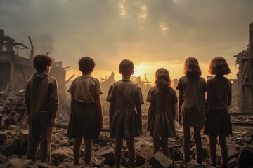 Children look at their ruined home from war. Children are the innocent victims of war. They deserve to live in peace and safety. - obrazy, fototapety, plakaty