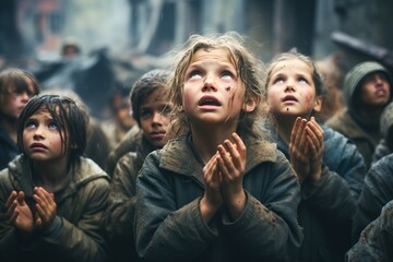 The crying faces of boys and girls raised their hands to pray to protection and to stop war. destroyed houses and the people grieving in the background - obrazy, fototapety, plakaty