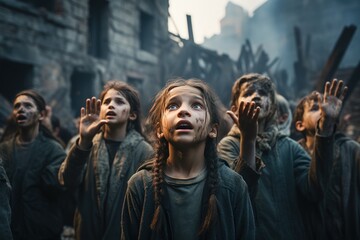 The crying faces of boys and girls raised their hands to pray to protection and to stop war. destroyed houses and the people grieving in the background - obrazy, fototapety, plakaty