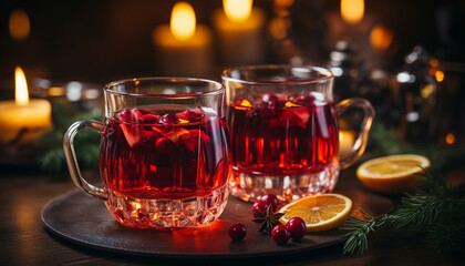 Fototapeta premium Cozy cranberry tea in glass mugs with candles