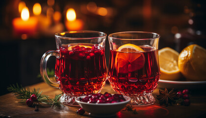 Cozy cranberry tea in glass mugs with candles