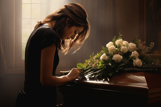 Funeral, sad and woman with flower on coffin after loss of a loved one, family or friend, Grief, death and young female putting a rose on casket in church with sadness, depression and mourning