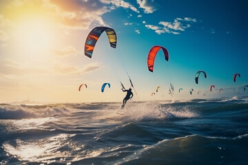 Group of people doing kitesurfing and windsurfing on sea - obrazy, fototapety, plakaty