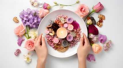 Plate with sweets, candle, flowers, spices and hands on white background, top view