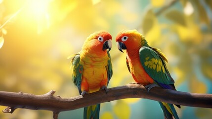 Obraz premium 2 Sun conure or bird couple Beautiful, parrot looking at the camera, has yellow on blur green background exotic pet adorable.