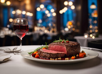 Steak and wine glasses are beautifully arranged on a table in a restaurant.