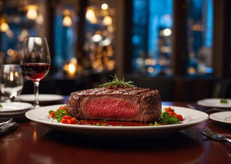 Steak and wine glasses are beautifully arranged on a table in a restaurant.