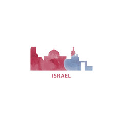 Israel watercolor cityscape skyline city panorama vector flat modern logo, icon. Country emblem concept with landmarks and building silhouettes. Isolated graphic