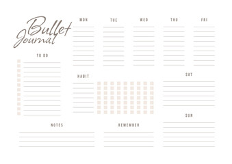 Bullet journal, weekly planner template, vector illustration