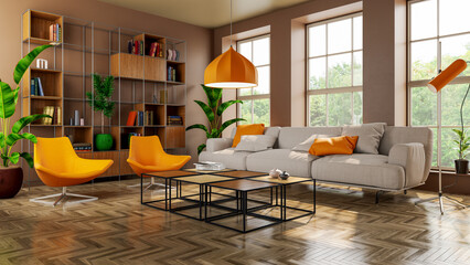 Large luxury modern bright interiors Living room mockup illustration 3D rendering computer digitally generated image