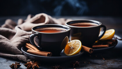Two black cups of tea with cinnamon and star anise on a dark surface with a cozy blanket.
