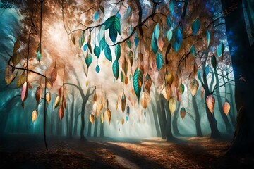An enchanted forest with surreal and iridescent leaves hanging from the tree branches, creating a dreamy and otherworldly atmosphere 