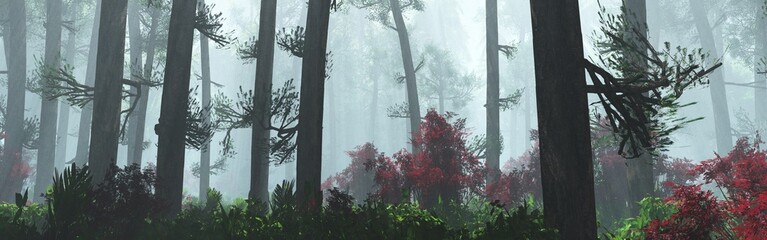Forest in fog, trees in haze, morning park, 3D rendering