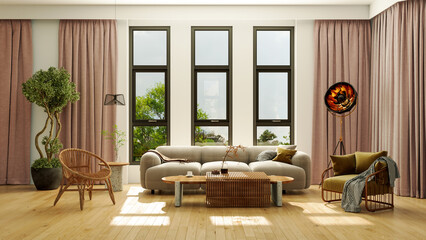 Large luxury modern bright interiors Living room mockup illustration 3D rendering computer digitally generated image