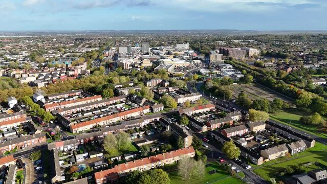 Aerial view of houses in Lee Chapel North, with the Basildon town centre in the distance
