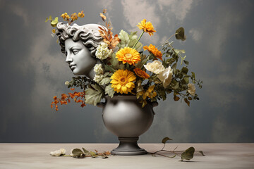 Interior, art and design concept. Yellow blooming flowers in a vase and ancient statue face or painting. Minimalist background with copy space