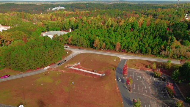 Aerial view of beautiful highway and Dawson Forest in Dawsonville, Georgia