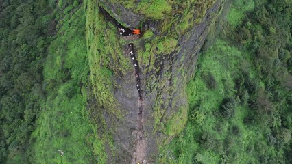 Drone shot of ancient Harihar Fort with tourists climbing down steep and vertical stairs during monsoon trek, Harshewadi, Nashik, Maharashtra, India