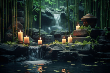 States of mind, meditation, feng shui, relaxation, nature, zen concept. Bamboo, rocks, water and candles background with copy space - obrazy, fototapety, plakaty