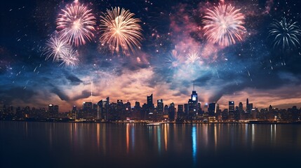 Fototapeta na wymiar Fireworks over the city for New Year's celebration