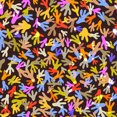 Abstract geometric multicolor cheerful seamless pattern on a dark brown background