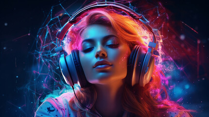 Fototapeta na wymiar Photo of a woman with headphones on her head enjoying music.