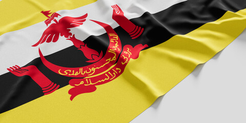 Flag of Brunei. Fabric textured Brunei flag isolated on white background. 3D illustration - obrazy, fototapety, plakaty