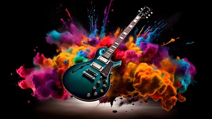 rock music instruments exploding with colourful - obrazy, fototapety, plakaty