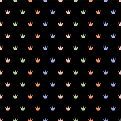 Seamless pattern with colorful small crown and black background