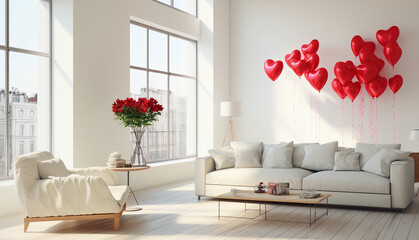 Red heart-shaped balloons in a bright modern living room.