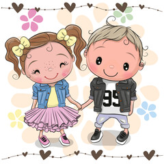Cartoon Boy and Girl on a floral background