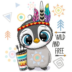 Cartoon tribal Penguin with feathers on a white backgroun